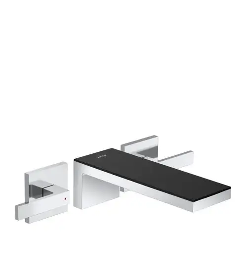 Waschtischarmatur mit schwarzem Glas-Aufsatz und verchromten Edelstahl-Elementen, montiert als 3-Loch-Design. Hersteller: AXOR.